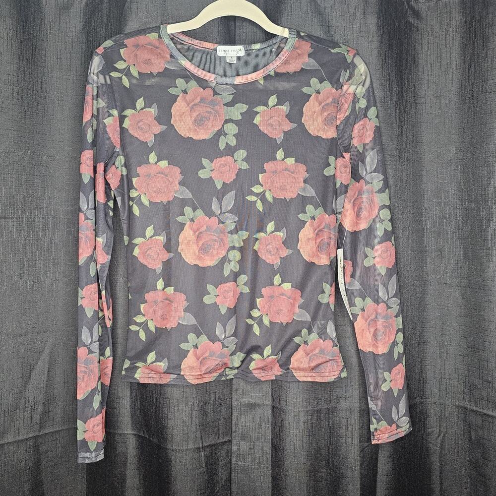 New Womens Dark Fairy Grunge Floral Sheer Mesh Top Size Large Whimsigoth